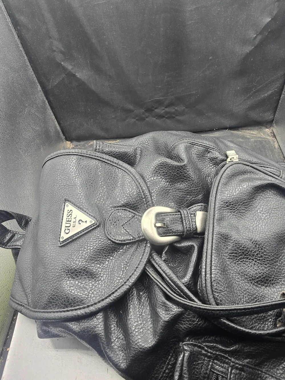 GUESS Black Leather Backpack - Textured Drawstring Rucksack